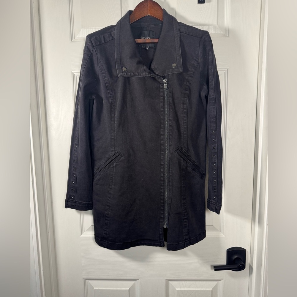 Nic + Zoe Denim Blazer Jacket Zipper Button Lapels Mid Length Womens Size Small